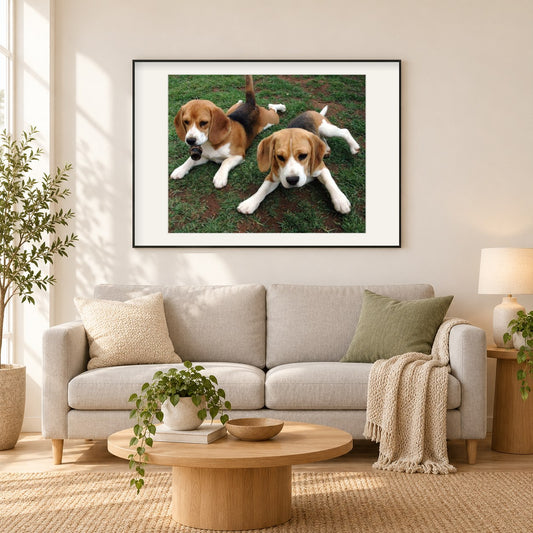 Beagle Bloodhound Welpen als gerahmtes Diamond Painting im Wohnzimmer