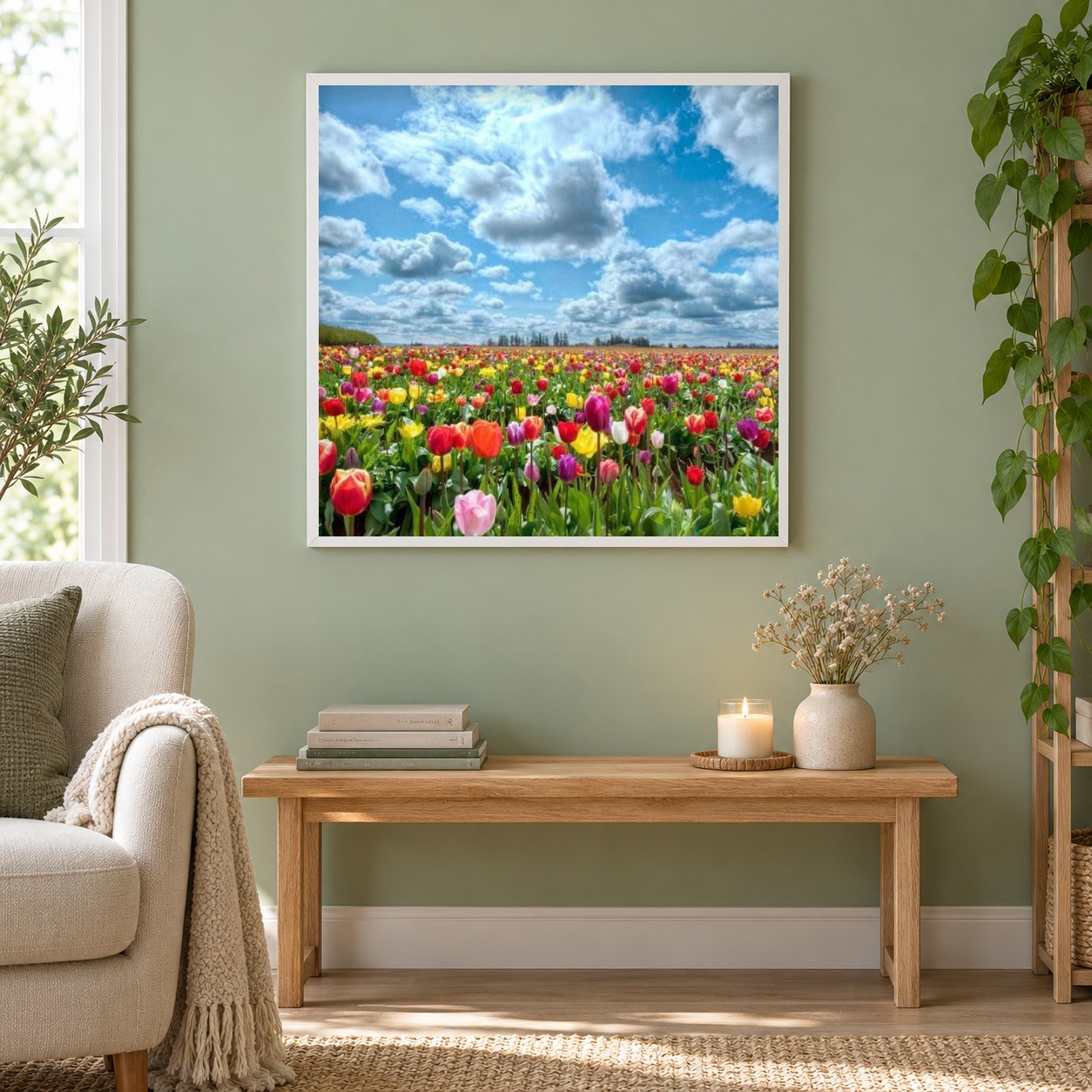 Bewölkter Himmel und bunte Tulpen als gerahmtes Diamond Painting im Wohnzimmer