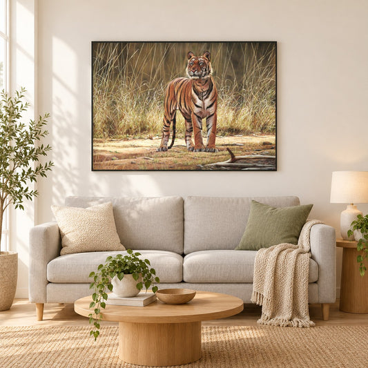 Bhoka Tiger -  Kunst des Eric Wilson als gerahmtes Diamond Painting im Wohnzimmer