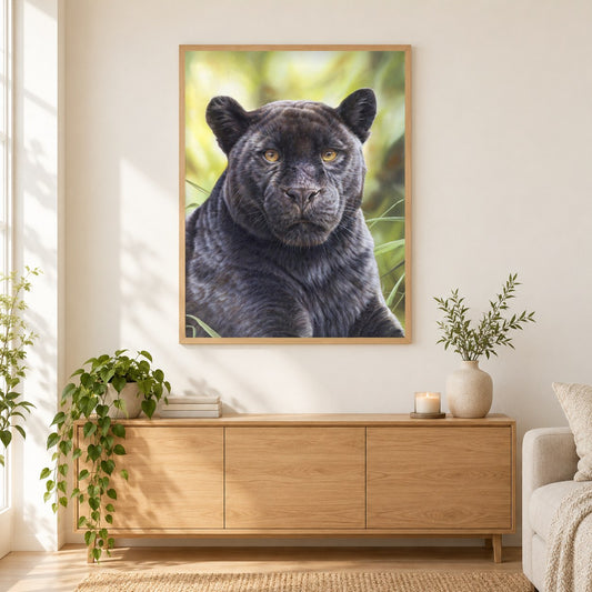 Schwarzer Panther -  Kunst des Eric Wilson als gerahmtes Diamond Painting im Wohnzimmer
