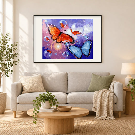 Blasen & Schmetterlinge als gerahmtes Diamond Painting im Wohnzimmer