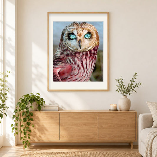 Blauäugige Eule als gerahmtes Diamond Painting im Wohnzimmer