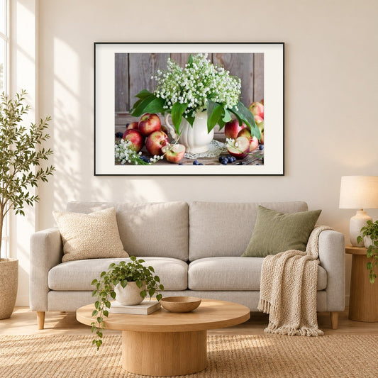 Blaubeeren, Äpfel & Blumenvase als gerahmtes Diamond Painting im Wohnzimmer