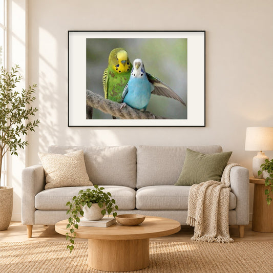Blaue & grüne australische Papageien als gerahmtes Diamond Painting im Wohnzimmer