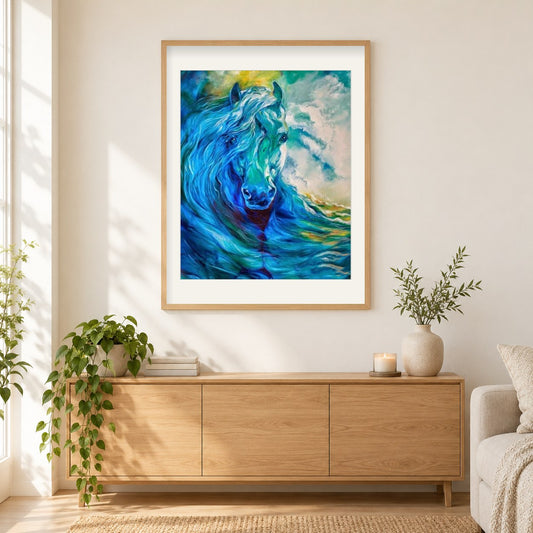 blauer Geist Ozean Pferd als gerahmtes Diamond Painting im Wohnzimmer