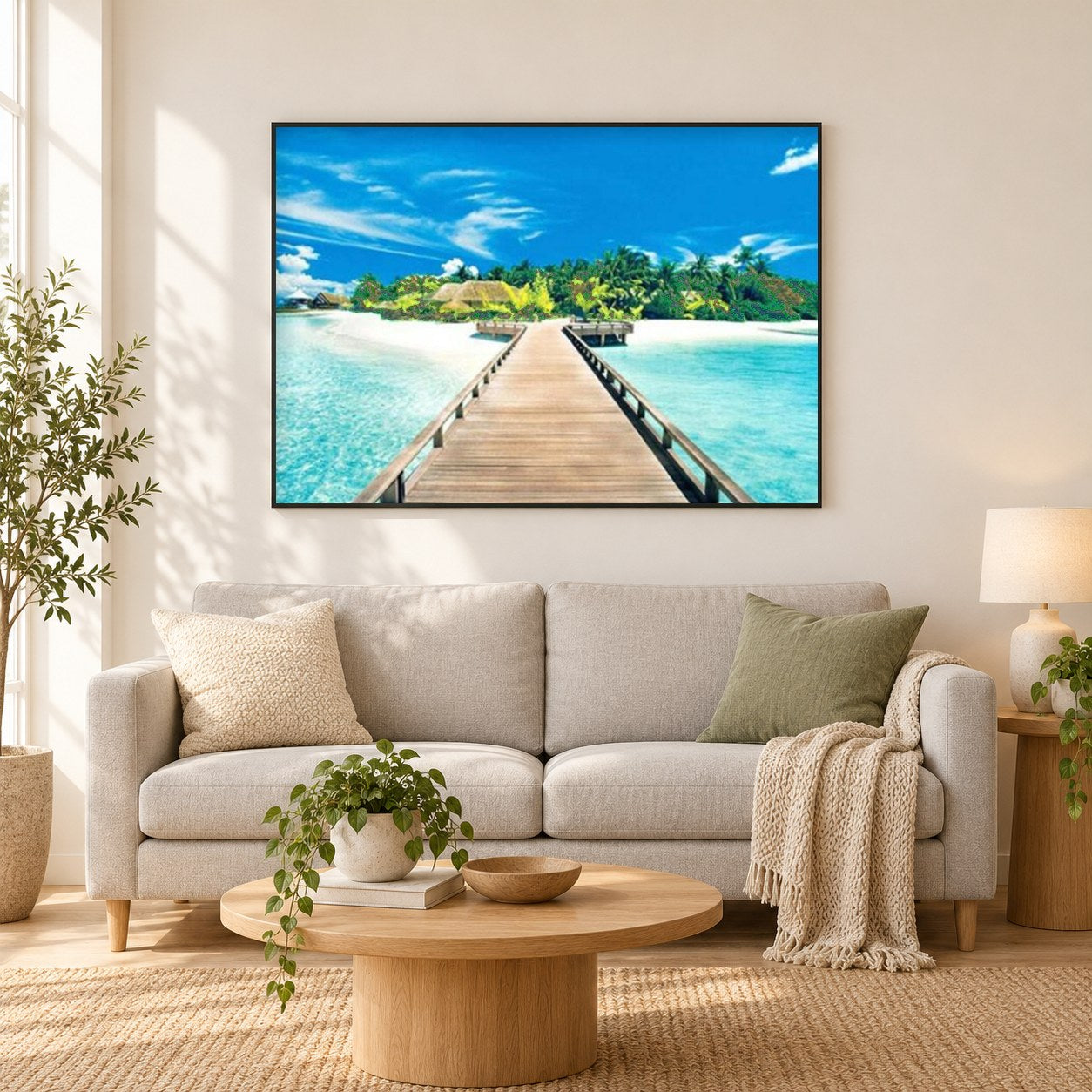 Blauer Himmel & Ozean als gerahmtes Diamond Painting im Wohnzimmer