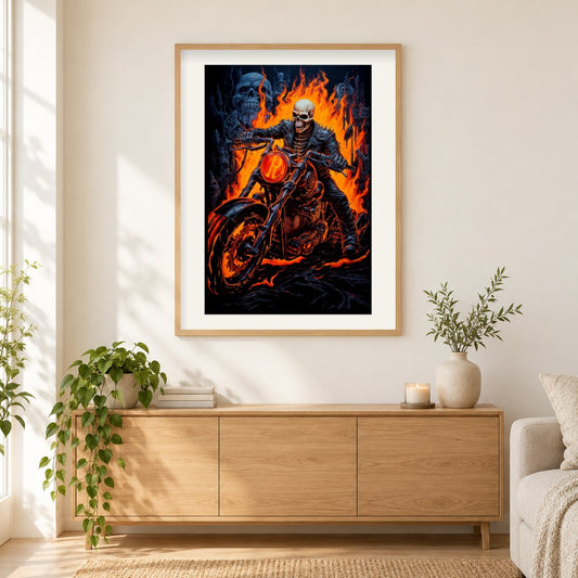 Brennendes Motorrad als gerahmtes Diamond Painting im Wohnzimmer
