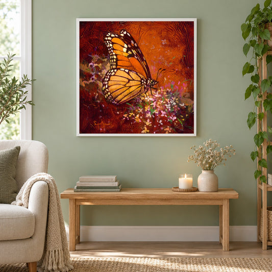 segne den Tag - Kunst des Simon Bull als gerahmtes Diamond Painting im Wohnzimmer
