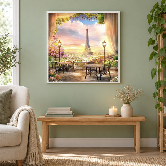 Blick auf den Eiffelturm von der Hotelterrasse als gerahmtes Diamond Painting im Wohnzimmer