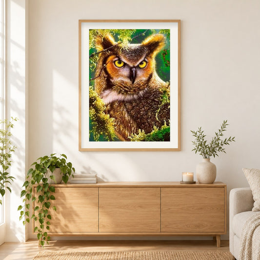 Blick Eule als gerahmtes Diamond Painting im Wohnzimmer