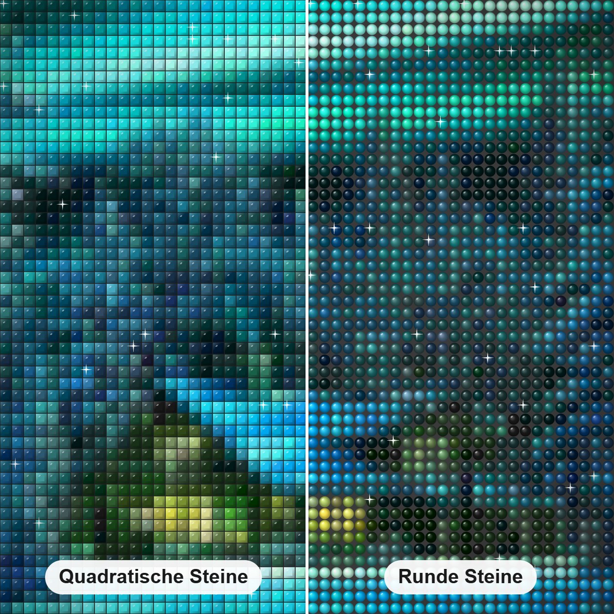 Blockhaus im Schnee Diamond Painting Nahaufnahme mit quadratischen und runden Steinen