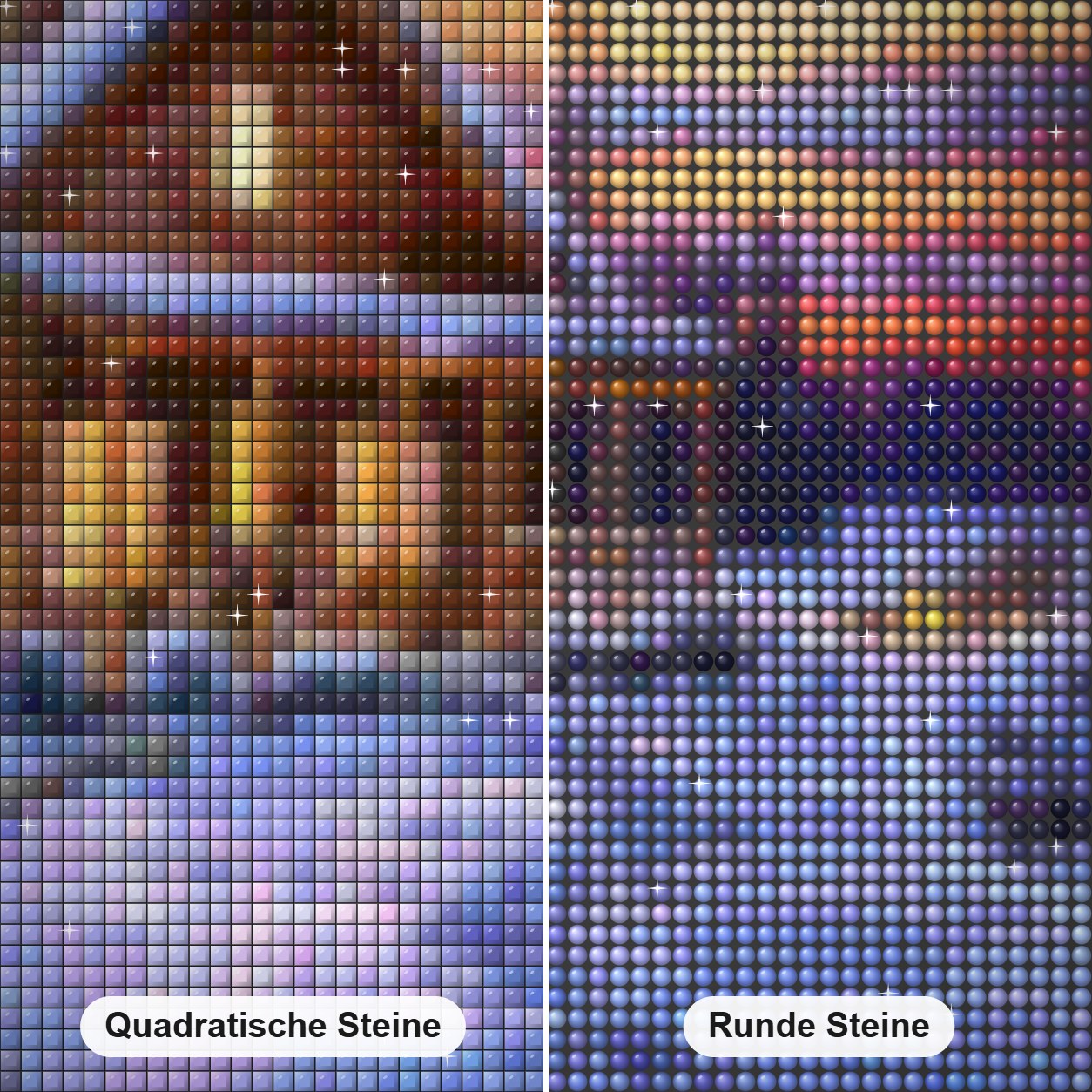 Blockhaus im Schnee Diamond Painting Nahaufnahme mit quadratischen und runden Steinen