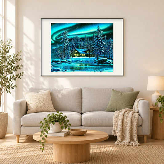 Blockhaus im Schnee als gerahmtes Diamond Painting im Wohnzimmer