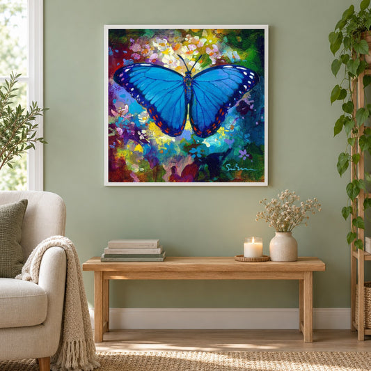 Blauer Morpho - Kunst des Simon Bull als gerahmtes Diamond Painting im Wohnzimmer