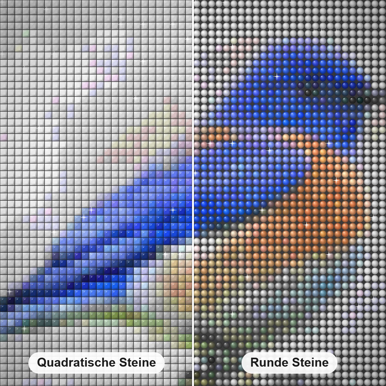 Blauer Vogel - Kunst des Denise Dundon Diamond Painting Nahaufnahme mit quadratischen und runden Steinen