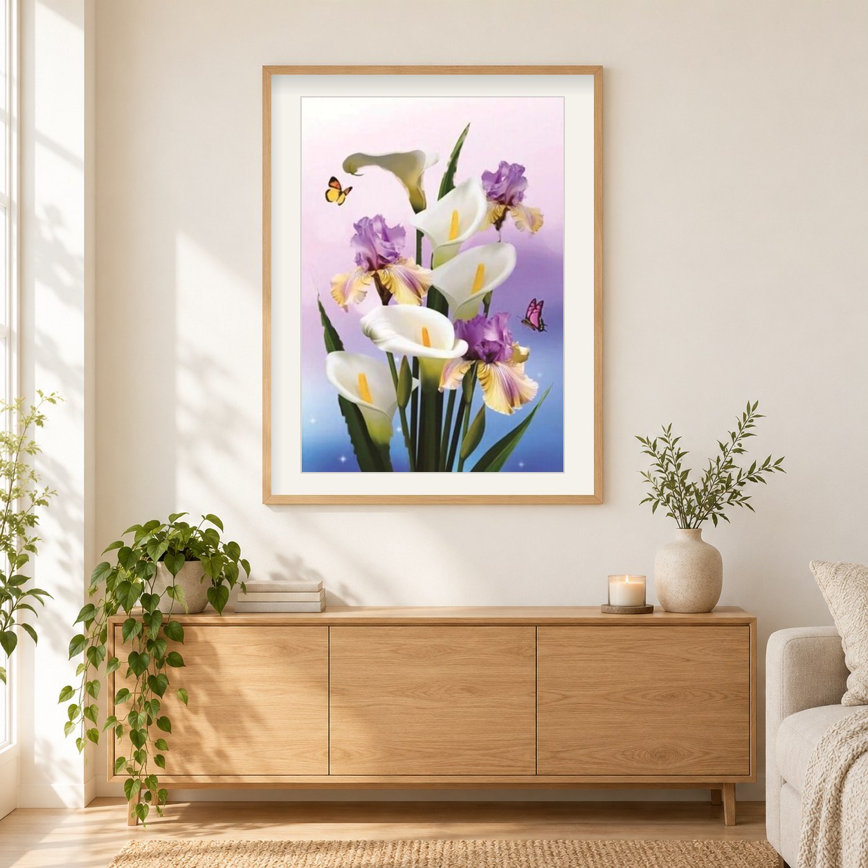 Blühende Lilly Blumen & Schmetterlinge als gerahmtes Diamond Painting im Wohnzimmer