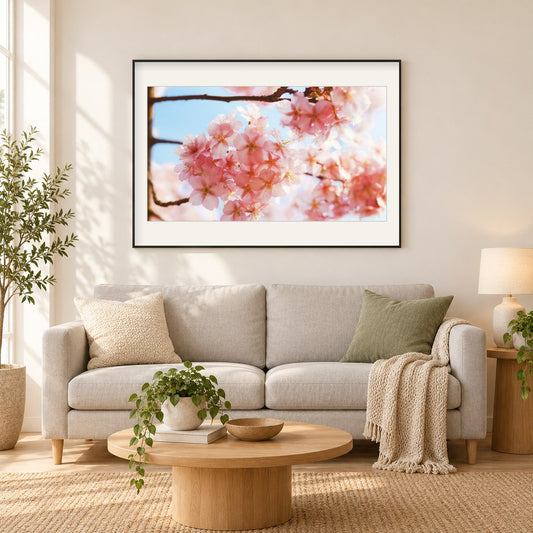 Blühende Pfirsichblüten als gerahmtes Diamond Painting im Wohnzimmer