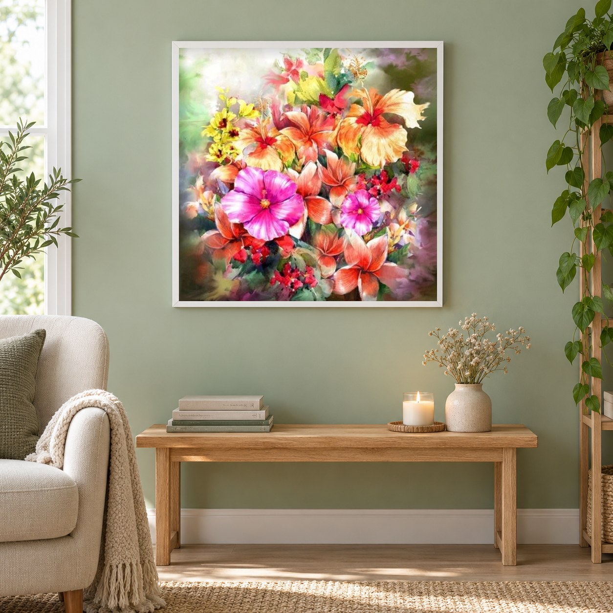 Blumen DIY Painting Kit als gerahmtes Diamond Painting im Wohnzimmer