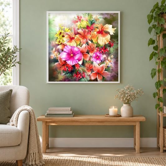 Blumen DIY Painting Kit als gerahmtes Diamond Painting im Wohnzimmer