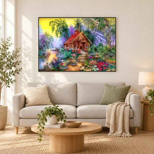 Blumen & Haus Landschaft als gerahmtes Diamond Painting im Wohnzimmer