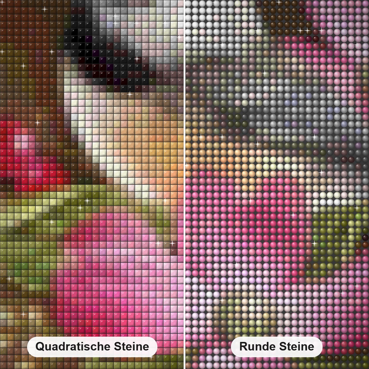 Blumen & Spatz Diamond Painting Nahaufnahme mit quadratischen und runden Steinen