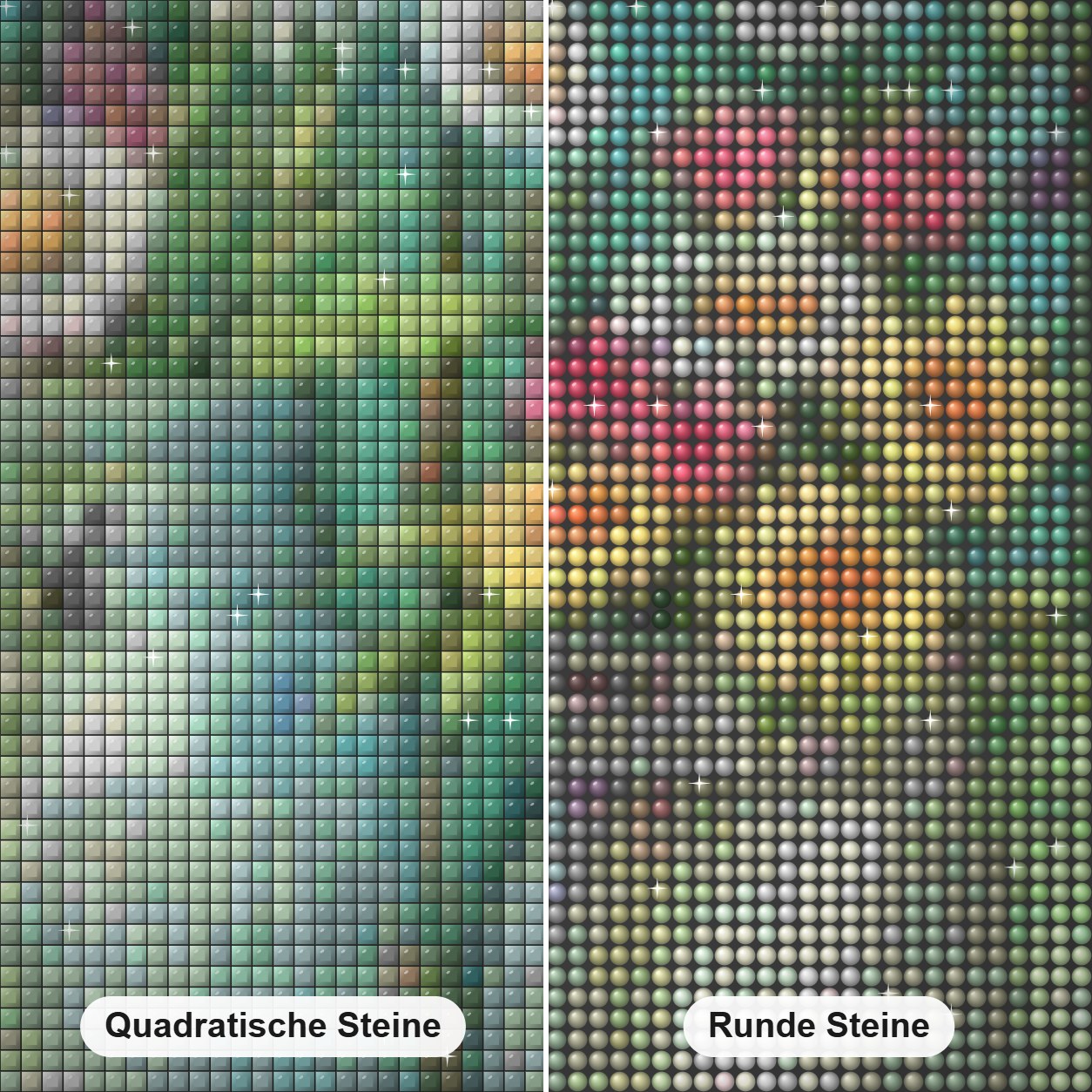 Blumen & Spatz Diamond Painting Nahaufnahme mit quadratischen und runden Steinen