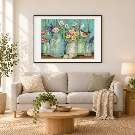 Blumen & Spatz als gerahmtes Diamond Painting im Wohnzimmer