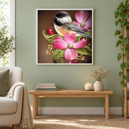 Blumen & Spatz als gerahmtes Diamond Painting im Wohnzimmer