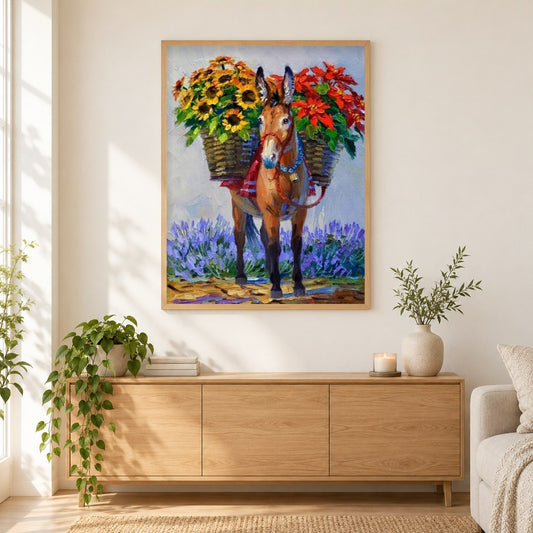 BlumenEsel als gerahmtes Diamond Painting im Wohnzimmer