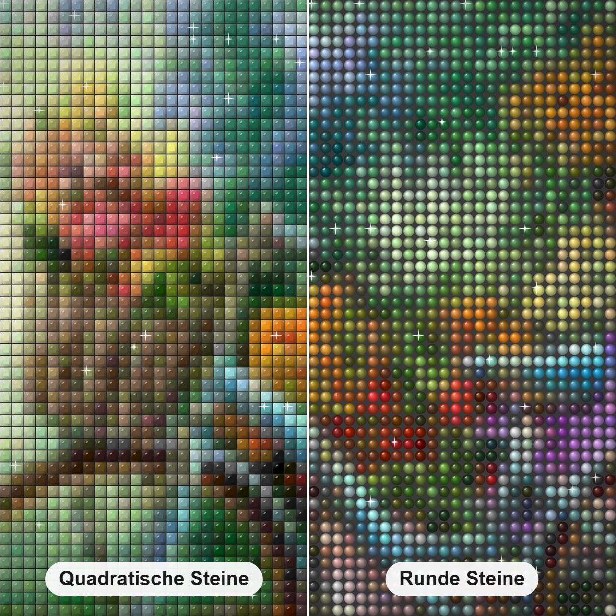Blumenmarkt & Fahrrad Diamond Painting Nahaufnahme mit quadratischen und runden Steinen
