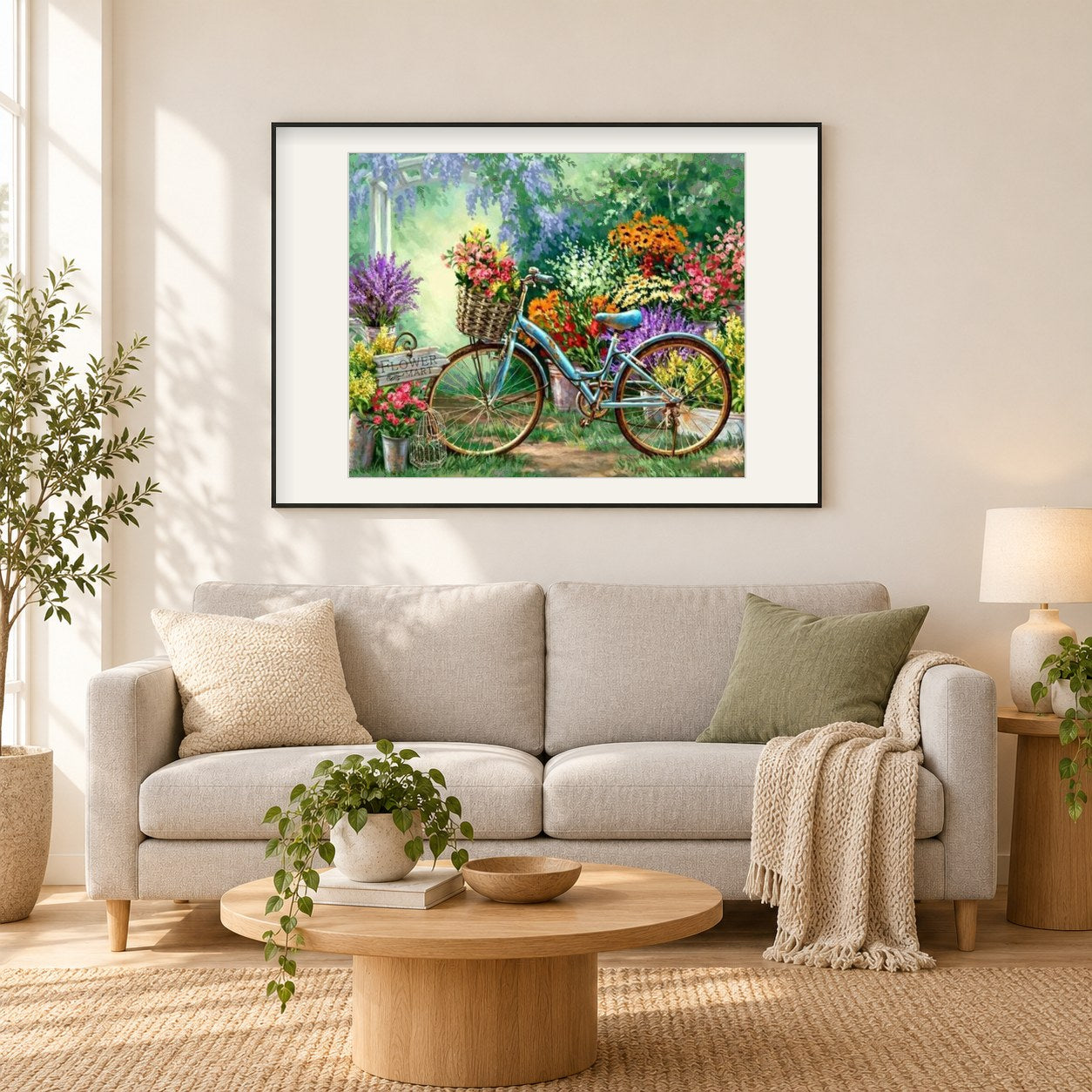 Blumenmarkt & Fahrrad als gerahmtes Diamond Painting im Wohnzimmer