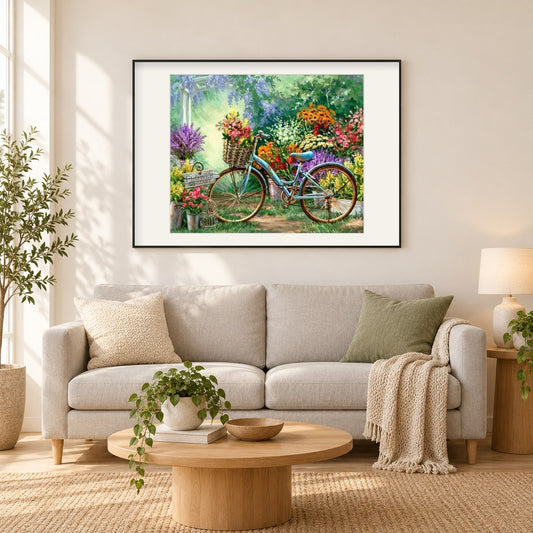 Blumenmarkt & Fahrrad als gerahmtes Diamond Painting im Wohnzimmer