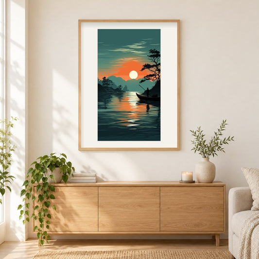 Boot bei Sonnenuntergang - Diamantkunst als gerahmtes Diamond Painting im Wohnzimmer