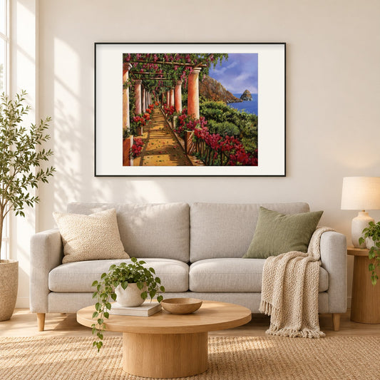Bouganville über dem Meer - Kunst des Guido Borelli als gerahmtes Diamond Painting im Wohnzimmer
