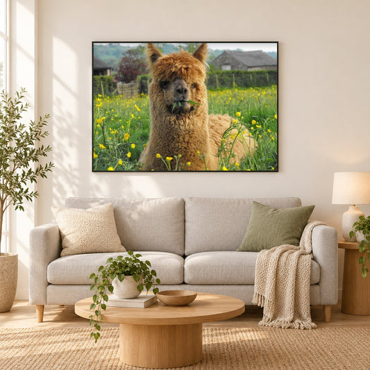 Braunes Lama sitzt auf den Feldern als gerahmtes Diamond Painting im Wohnzimmer