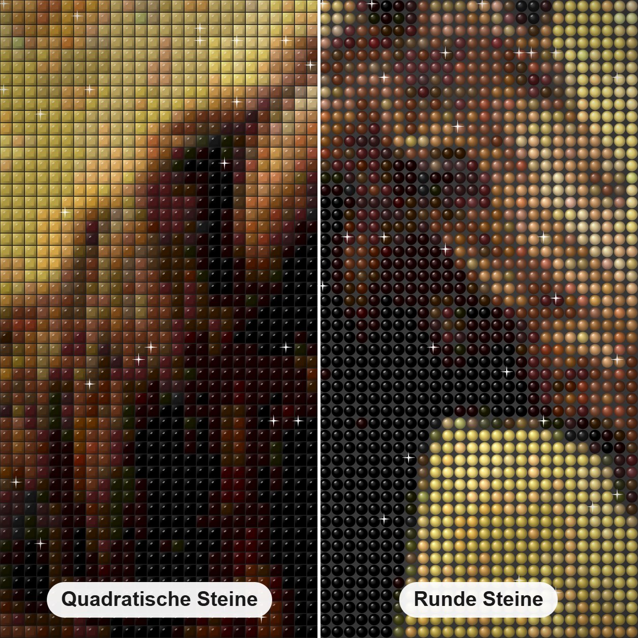 Braunes Pferd Diamond Painting Nahaufnahme mit quadratischen und runden Steinen