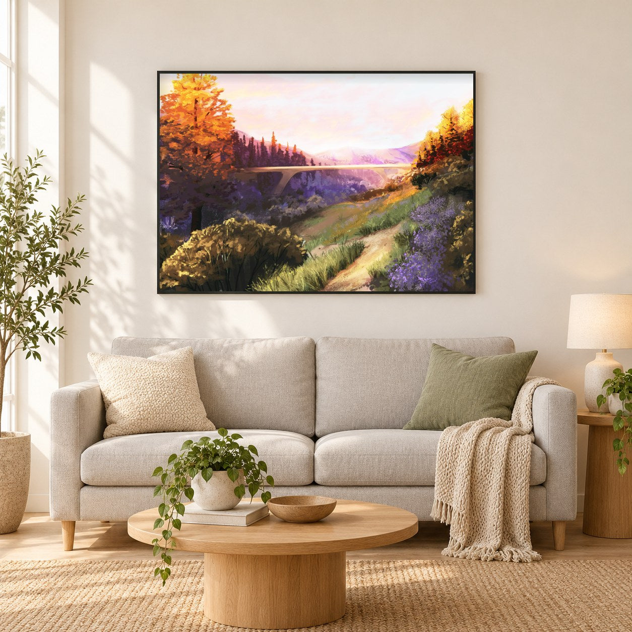 Bridgeville - Kunst des Jean Guillet als gerahmtes Diamond Painting im Wohnzimmer