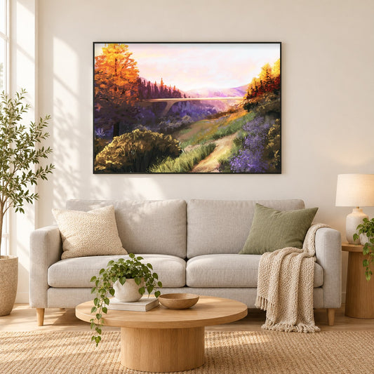 Bridgeville - Kunst des Jean Guillet als gerahmtes Diamond Painting im Wohnzimmer