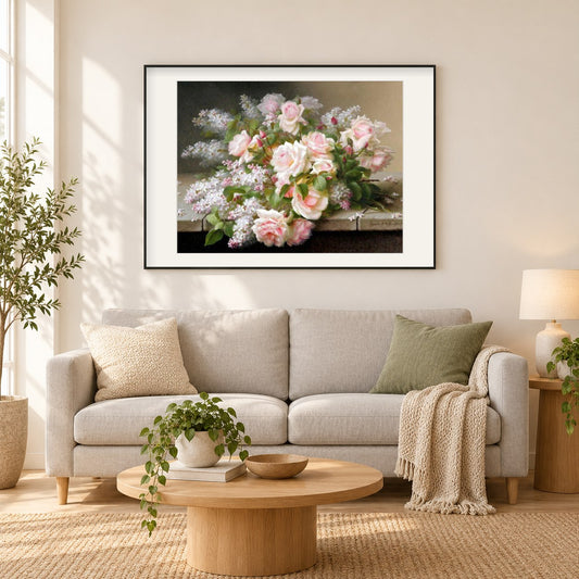 Bündel Rosen-Mal-Kit als gerahmtes Diamond Painting im Wohnzimmer