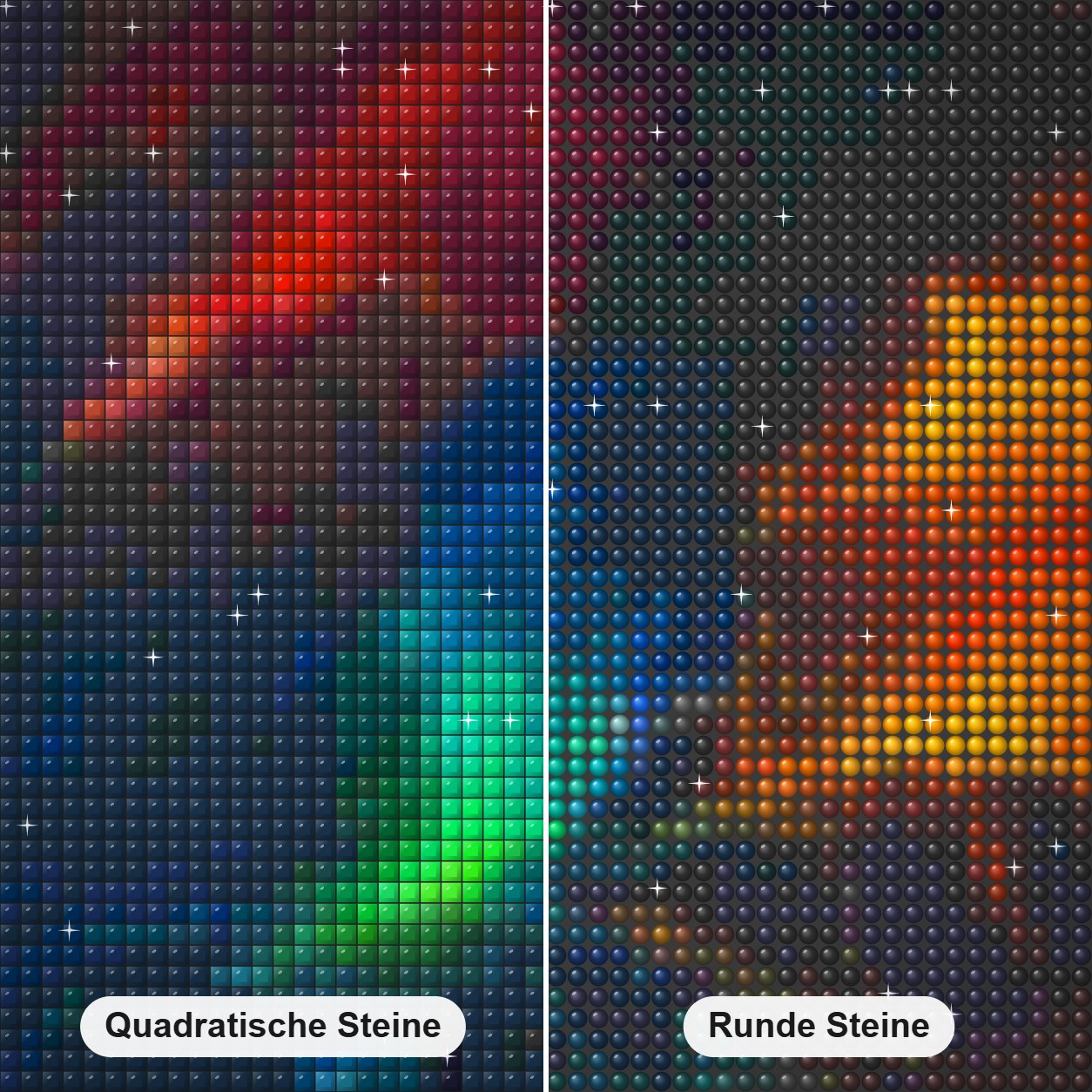 Bunt Rhads Art Diamond Painting Nahaufnahme mit quadratischen und runden Steinen
