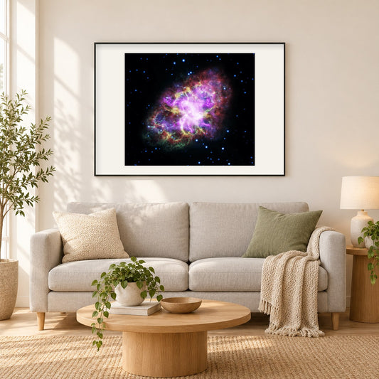 Bunte Ansicht des Krebsnebels als gerahmtes Diamond Painting im Wohnzimmer