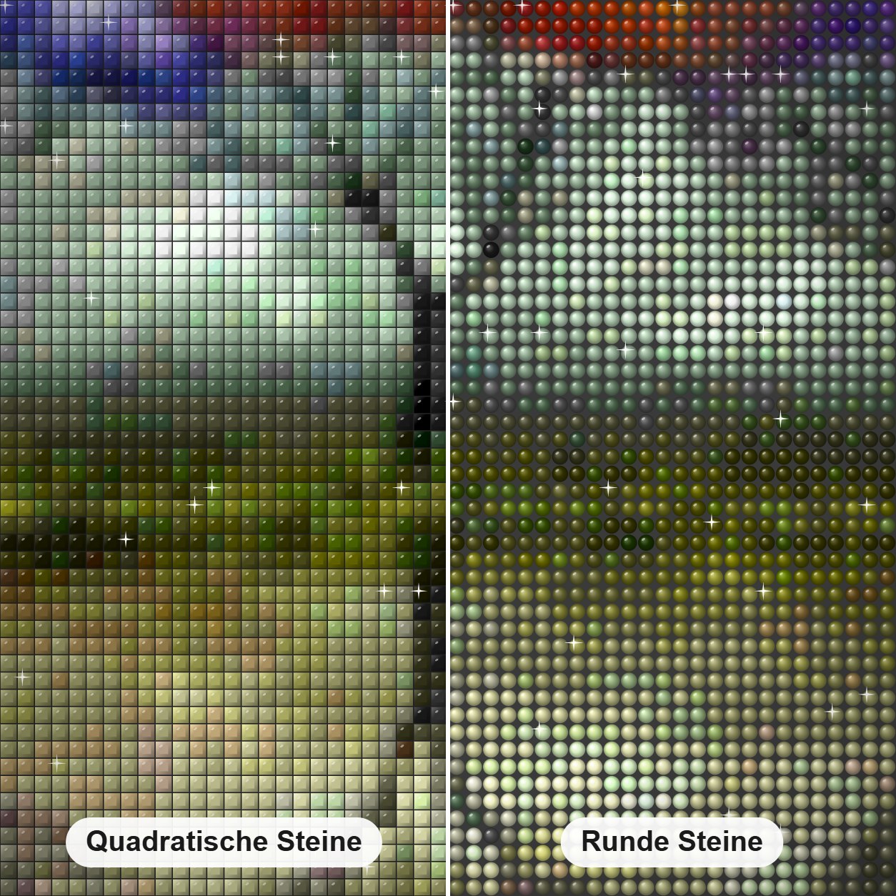 Bunte Bäume Diamond Painting Nahaufnahme mit quadratischen und runden Steinen
