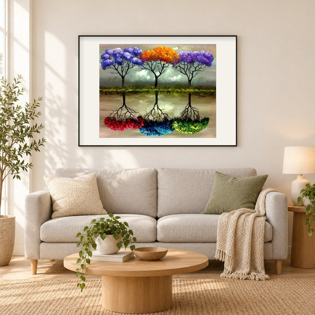 Bunte Bäume als gerahmtes Diamond Painting im Wohnzimmer