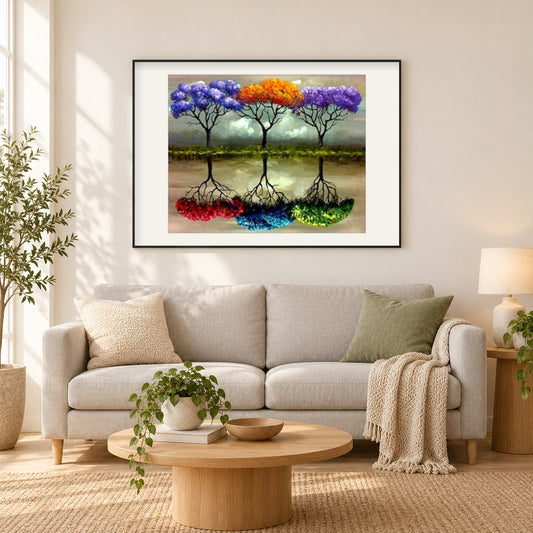 Bunte Bäume als gerahmtes Diamond Painting im Wohnzimmer