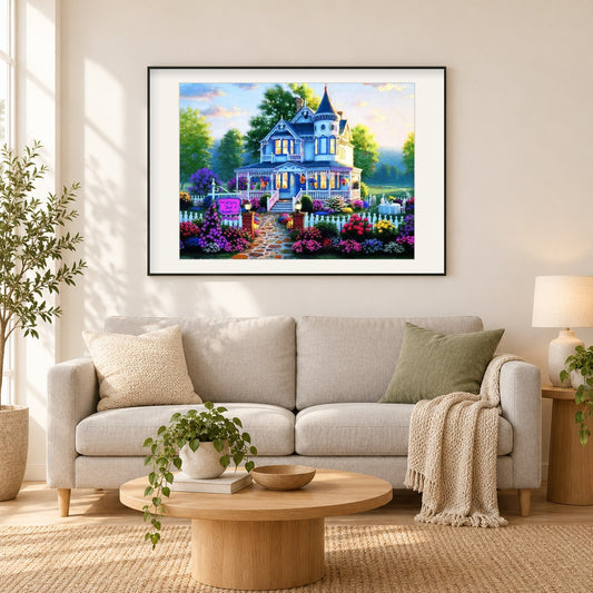 Bunte Blumen außerhalb der Villa als gerahmtes Diamond Painting im Wohnzimmer