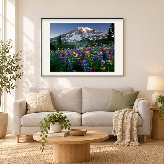 Bunte Blumen & Blick auf die Berge als gerahmtes Diamond Painting im Wohnzimmer