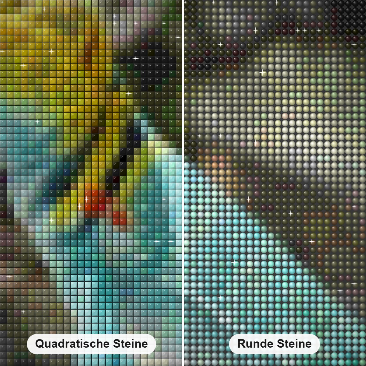 Bunte Eidechse Diamond Painting Nahaufnahme mit quadratischen und runden Steinen