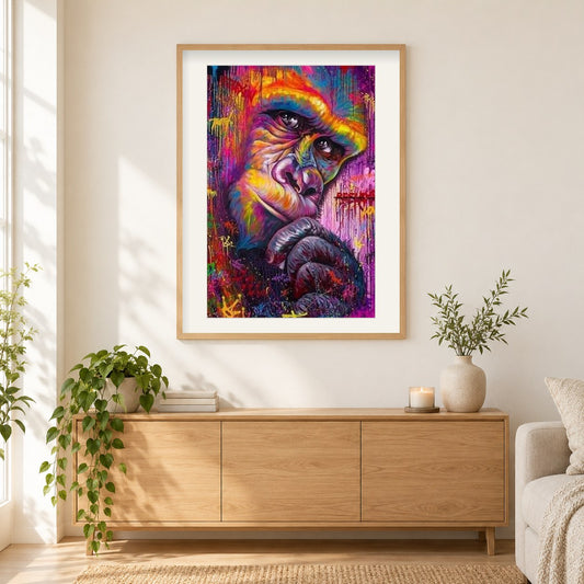 Bunte Gorilla Kunst als gerahmtes Diamond Painting im Wohnzimmer