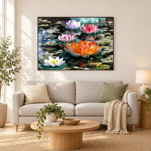Bunte Lotusblumen im Wasser als gerahmtes Diamond Painting im Wohnzimmer