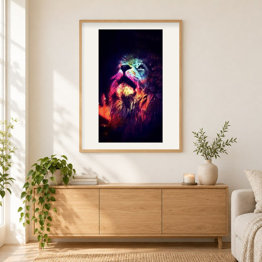 Bunte Löwenkunst als gerahmtes Diamond Painting im Wohnzimmer